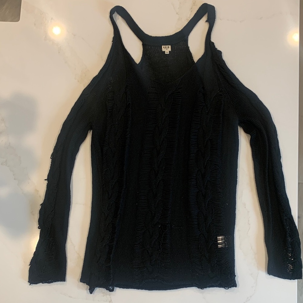 Black Halter Top off shoulder Distressed Cold-Shoulder Knit Sweater